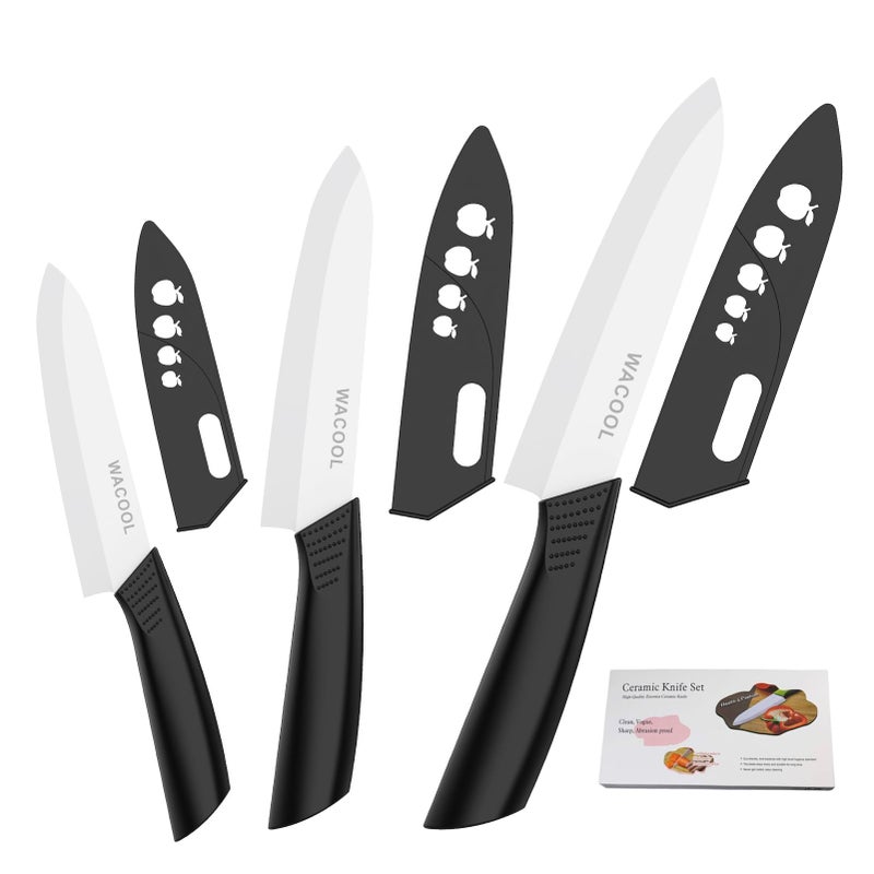 WACOOL Ceramic Knife Set with Sheaths, include 3-Piece: 6-inch Chef's Knife, 5-inch Utility Knife, 4-inch Fruit Paring Knife (Black Handle) - Image 1